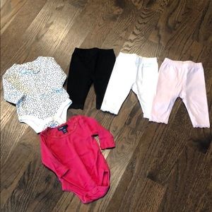 3 leggings and 2 bodysuits